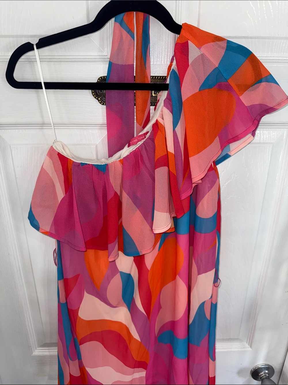 Flying Tomato Pink Orange Blue Abstract One-Shoulder Dress - Picture 5 of 6